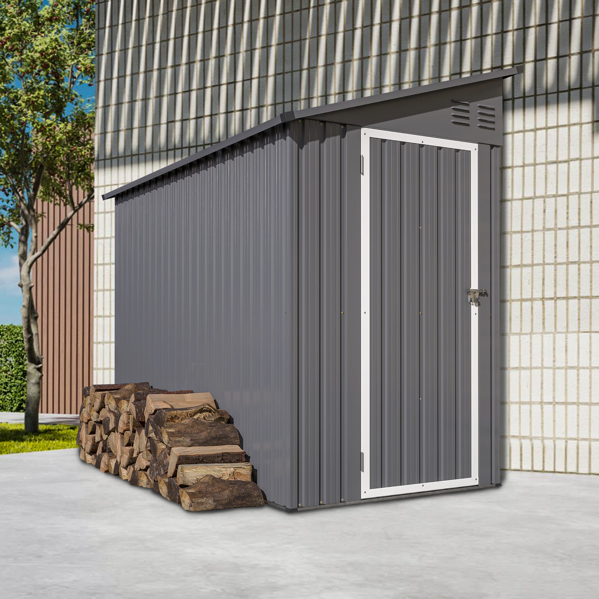 Shed Lean to Storage Shed, Outdoor 4' x 8' Metal Wall Side Storage Sheds & Outdoor Storage, Garden Storage Cabinet for Backayrd, Patio and Outdoor Use,Grey