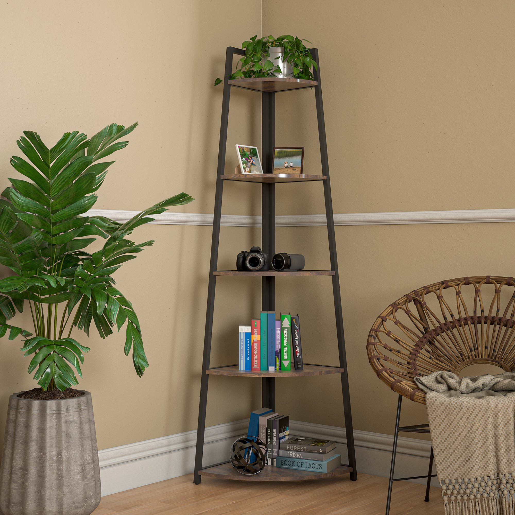 Corner Shelf, 5-Tier Corner Bookshelf w/ Metal Frame