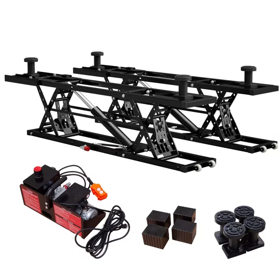 LZBEITEM Portable Car Lift, 9000 lbs Capacity Scissor Car Lift with 28" Max Height, 120V Electric Hydraulic Power Unit, Wheels, Extension Plates, 4 Rubber Blocks & 4 Lifting Columns for Garage