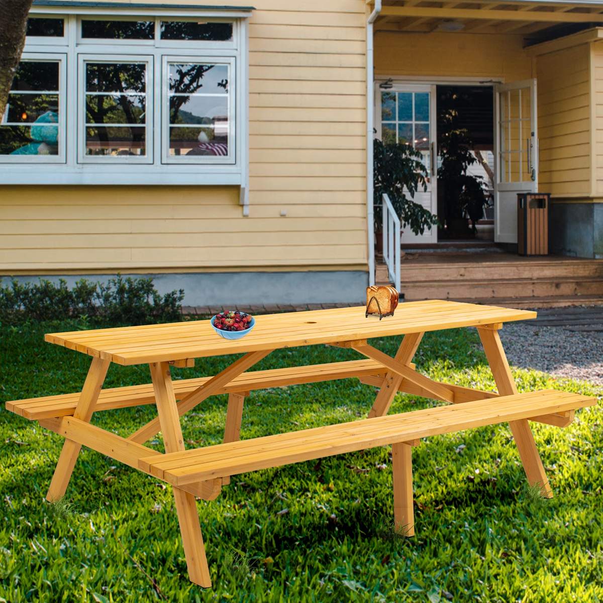 LZBEITEM Durable Wooden Picnic Table for Outdoor Gatherings - Weather-Resistant, 8-Seater with Umbrella Hole, Yellow