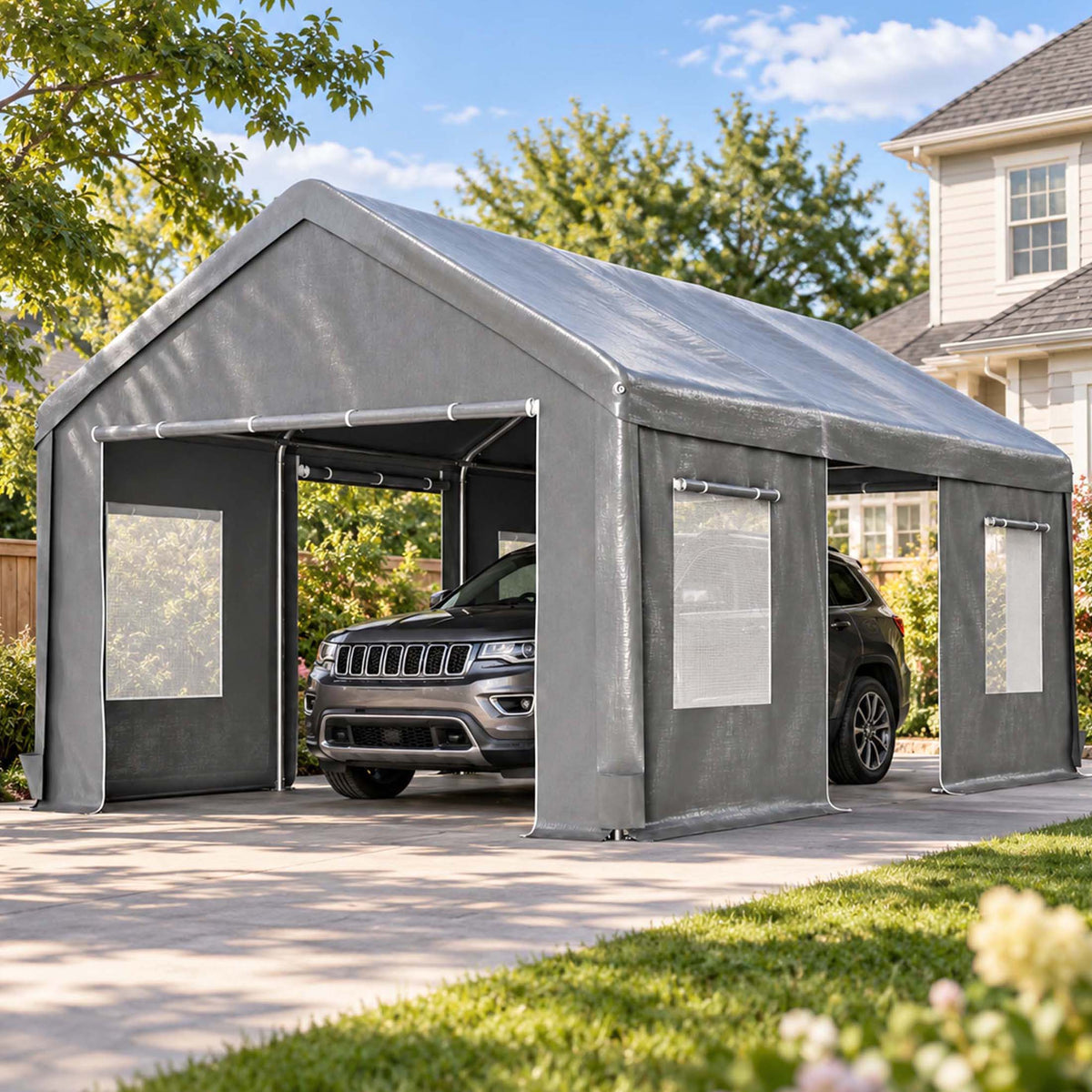 LZBEITEM 12x20 ft Heavy Duty Carport Canopy, All-Weather Car Shelter Boat Garage Tent with Removable Sidewalls & 4 Roll-Up Mesh Windows, Gray
