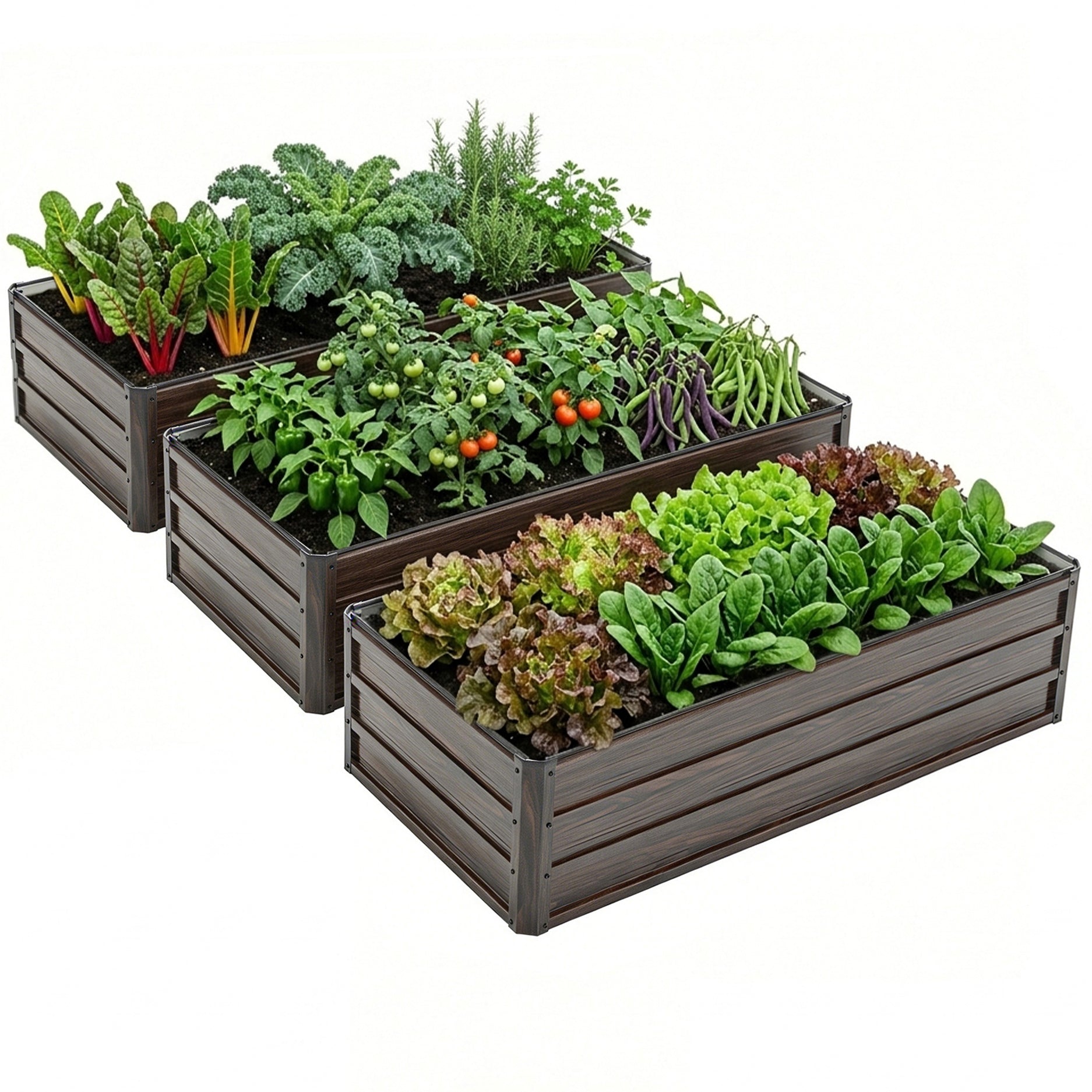 LZBEITEM 3-Pack Galvanized Raised Garden Bed, 4x3x1ft Metal Planter Box for Outdoor Vegetables, Herbs & Flowers, Wood Grain Brown