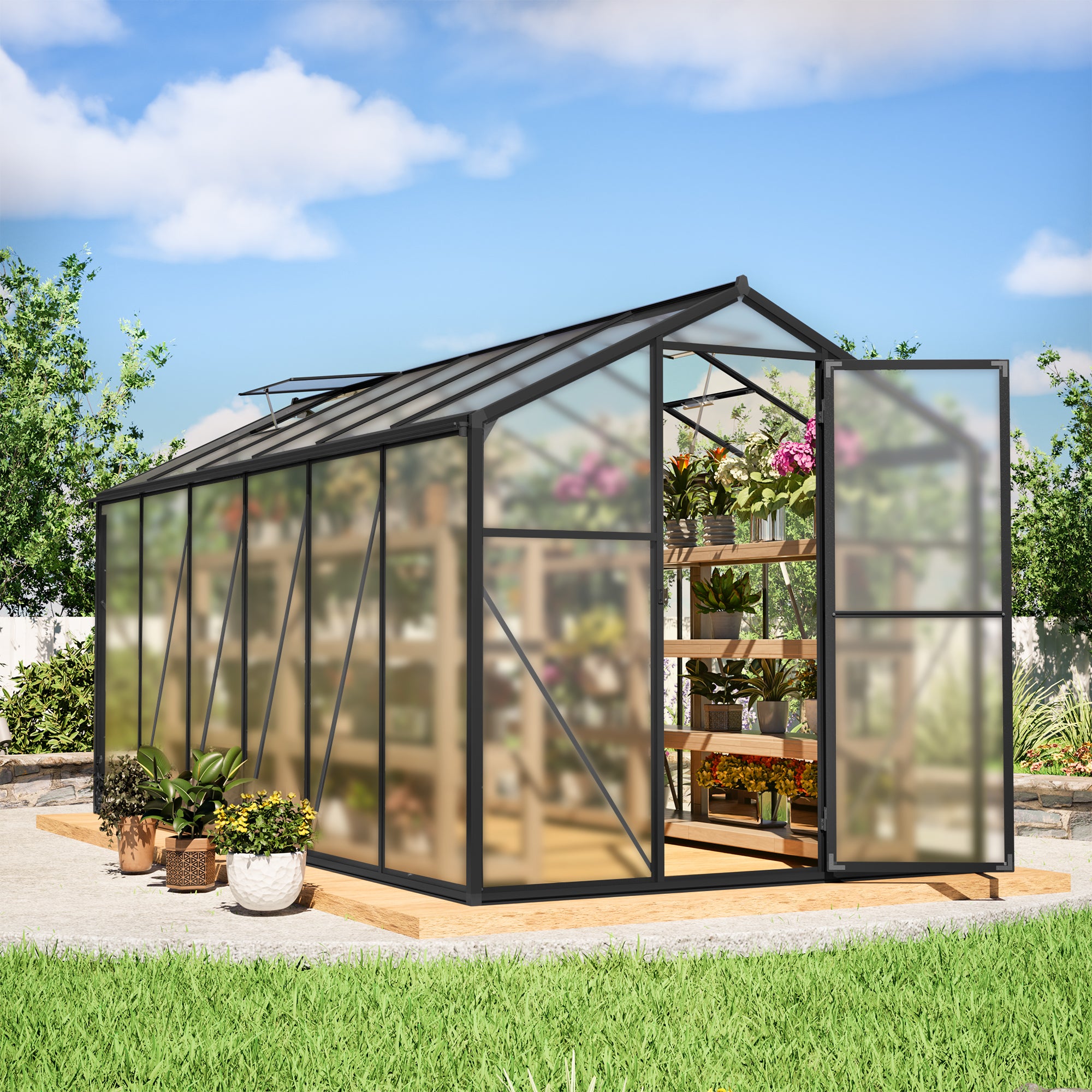 LZBEITEM 6x12 FT Greenhouse for Outdoors, Polycarbonate Greenhouse with Quick Assembly Structure and Roof Vent, Large Aluminum Walk-in Greenhouse for Outside Garden Backyard
