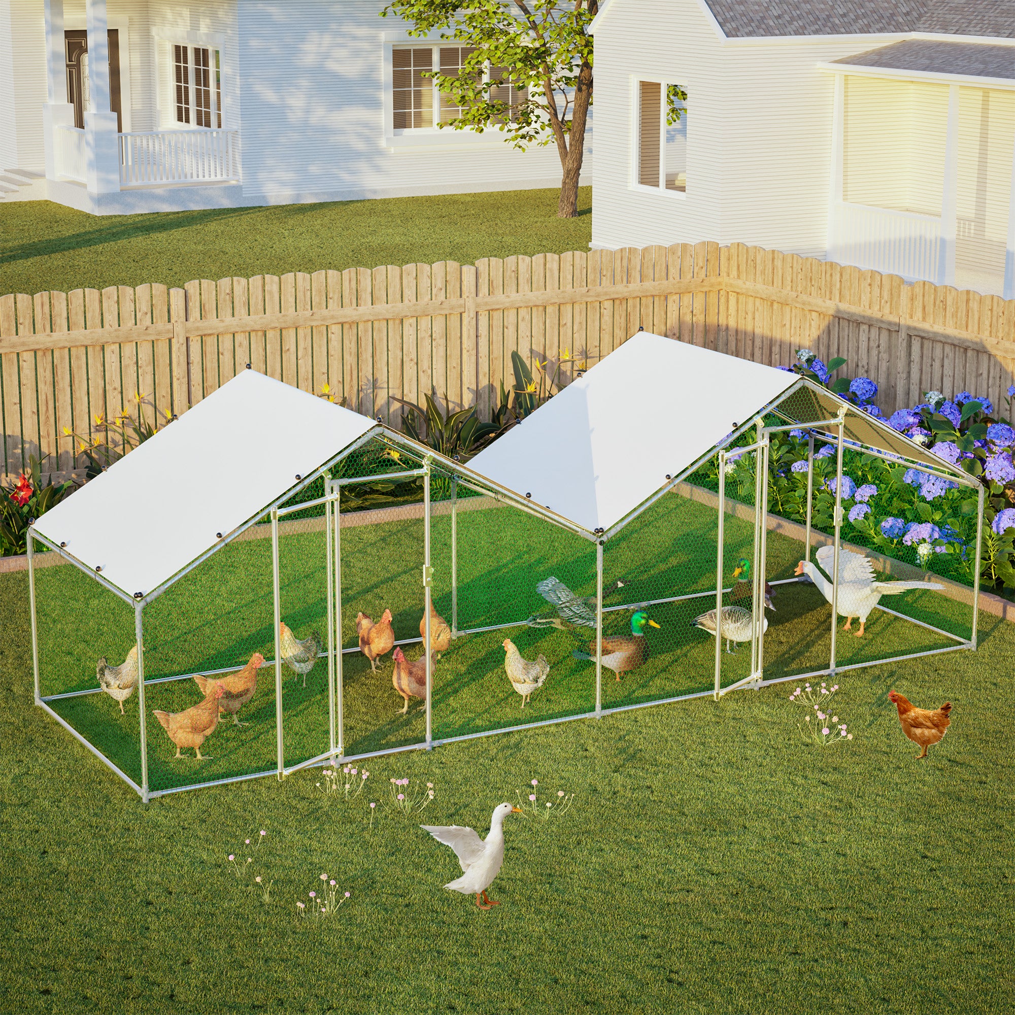 LZBEITEM 20' x 6.7' x 6.7' Large Metal Chicken Coop with Dual-Zone Design, Heavy Duty Walk-in Poultry Run with Waterproof & Anti-UV Cover, Outdoor Hen House for 15-20 Chickens, Ducks, Rabbits