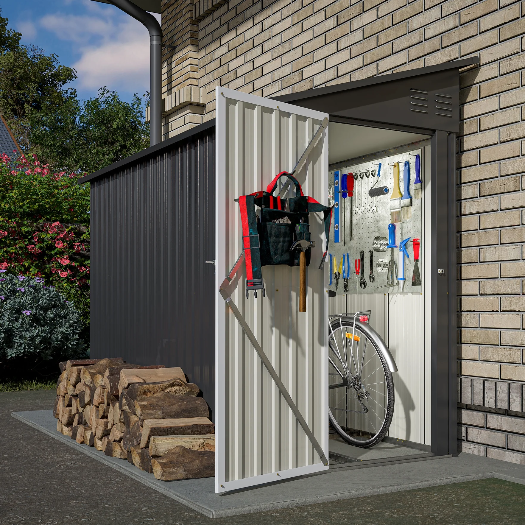 LZBEITEM 4 x 8 ft Outdoor Metal Storage Shed Lean to, Black