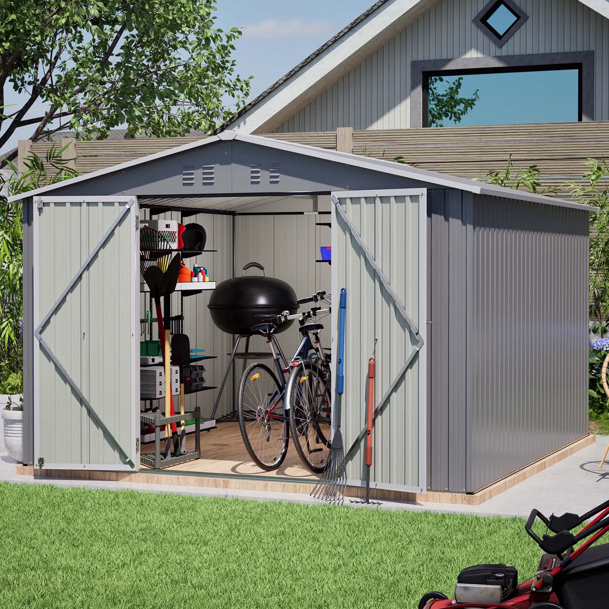 LZBEITEM 10 x 10 ft Outdoor Storage Shed, Galvanized Steel Garden Sheds, Garden Tool Shed with Double Lockable Doors for Backyard Patio Lawn, Grey