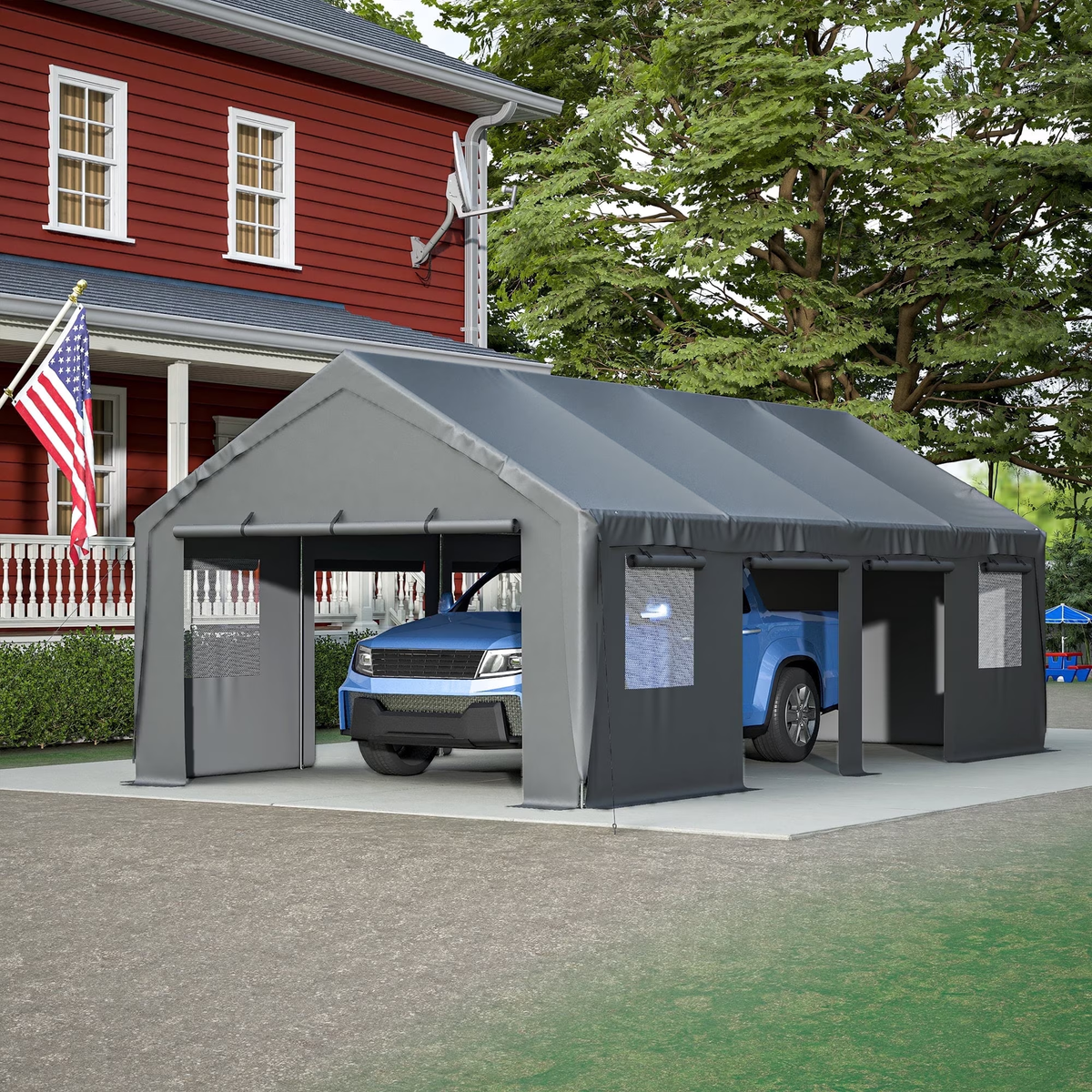LZBEITEM 13x25 ft Heavy Duty Carport Portable Garage Storage Shed Canopy Tent with Roll-Up Doors & Mesh Windows, Gray