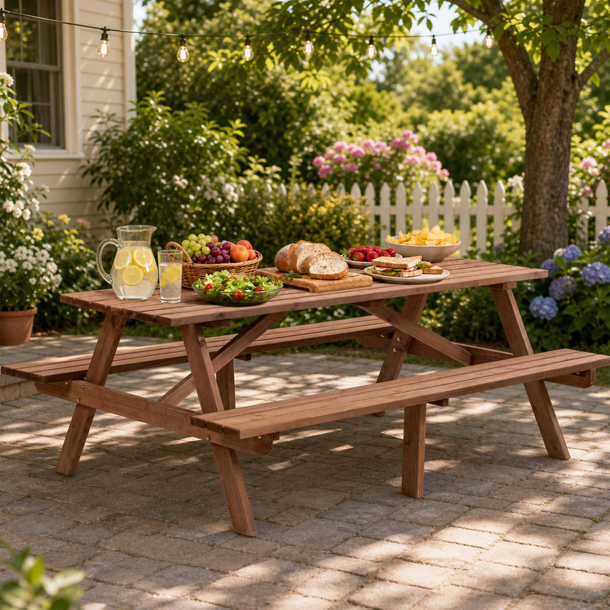 LZBEITEM Wooden Picnic Table Bench Set Weather Resistant Outdoor Patio 8-Seater with Umbrella Hole 75" Long