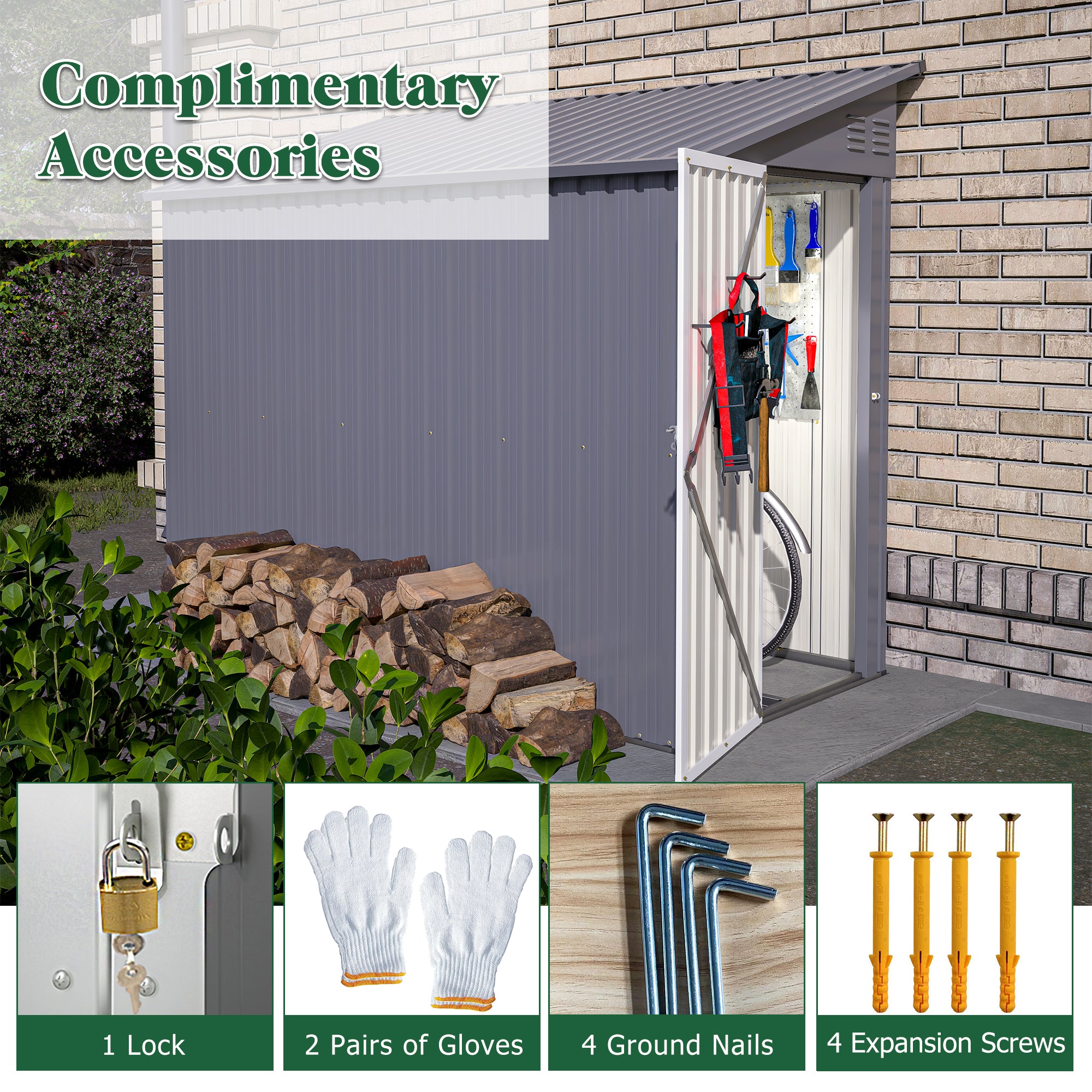 Shed Lean to Storage Shed, Outdoor 4' x 8' Metal Wall Side Storage Sheds & Outdoor Storage, Garden Storage Cabinet for Backayrd, Patio and Outdoor Use,Grey