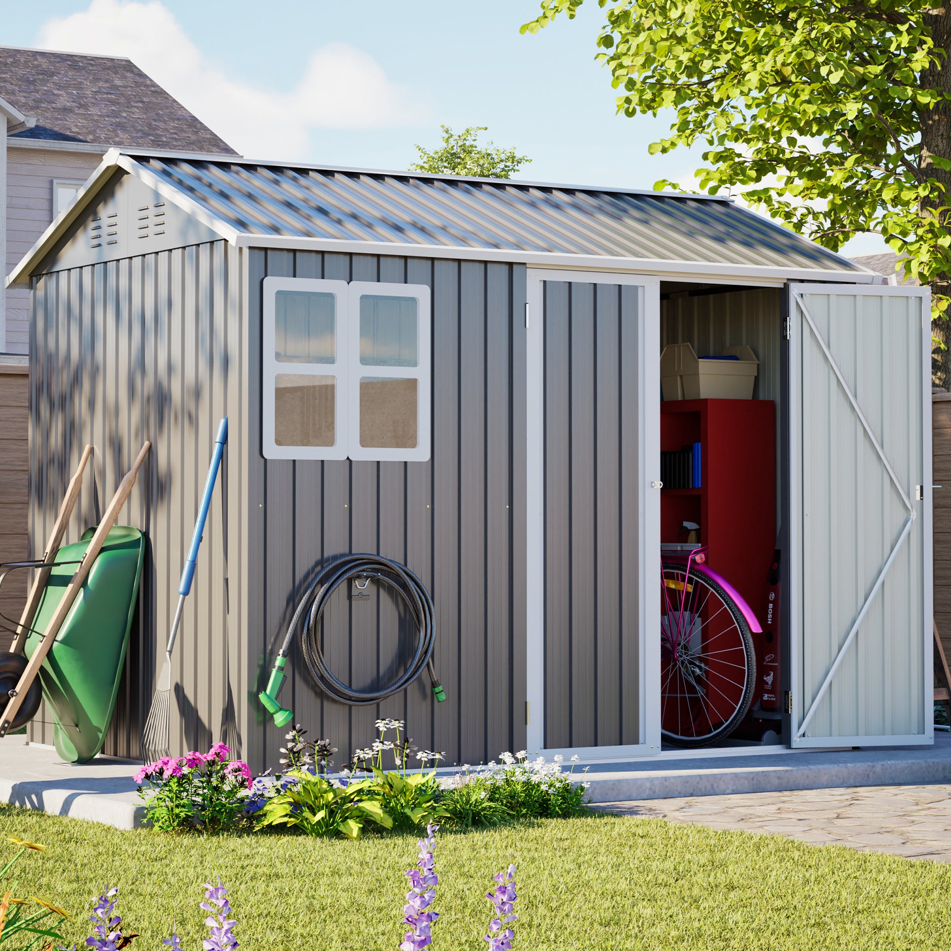 LZBEITEM 8' x 6' Outdoor Storage Shed with Window & Lockable Doors