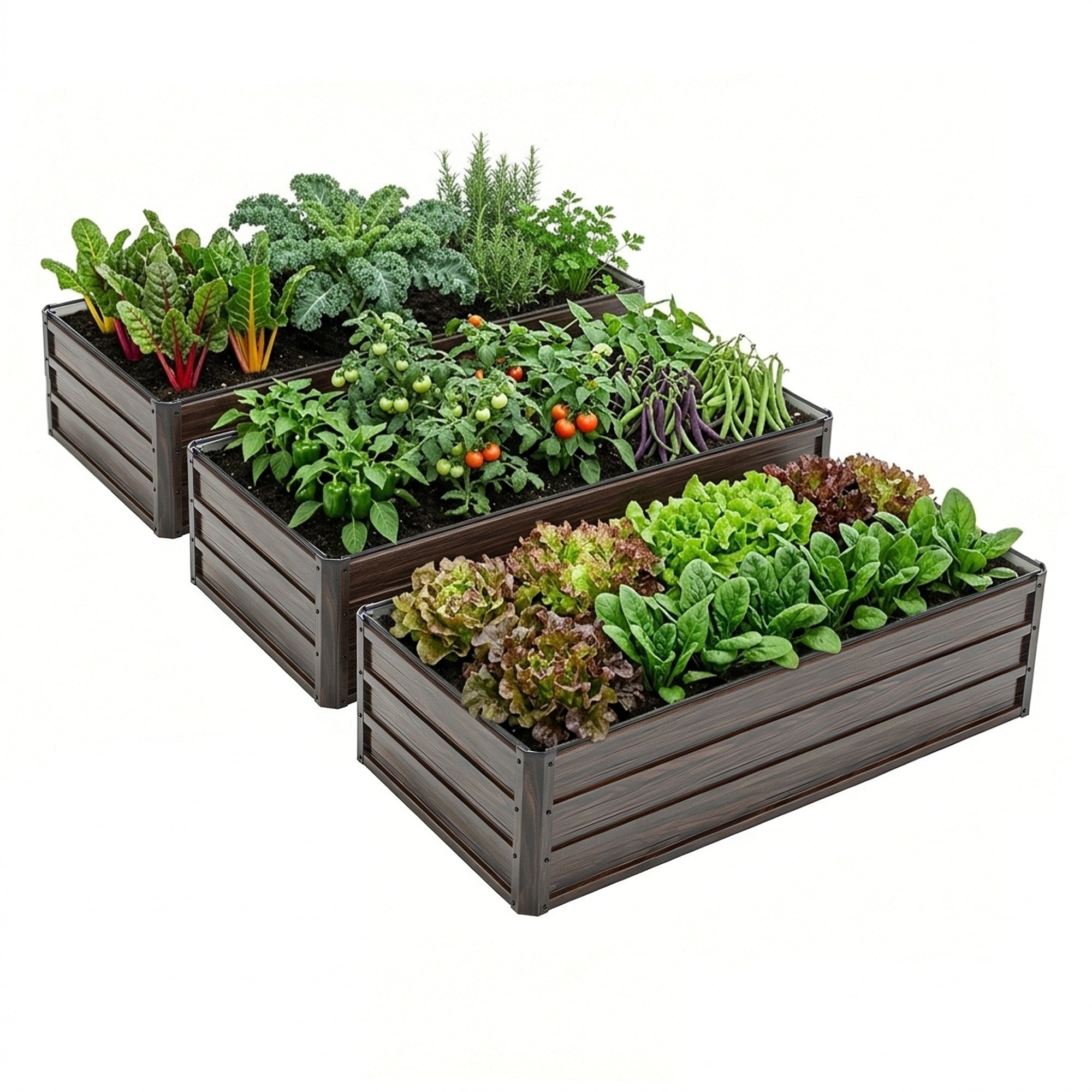 LZBEITEM 3-Pack Galvanized Raised Garden Bed, 4x3x1ft Metal Planter Box for Outdoor Vegetables, Herbs & Flowers, Wood Grain Brown