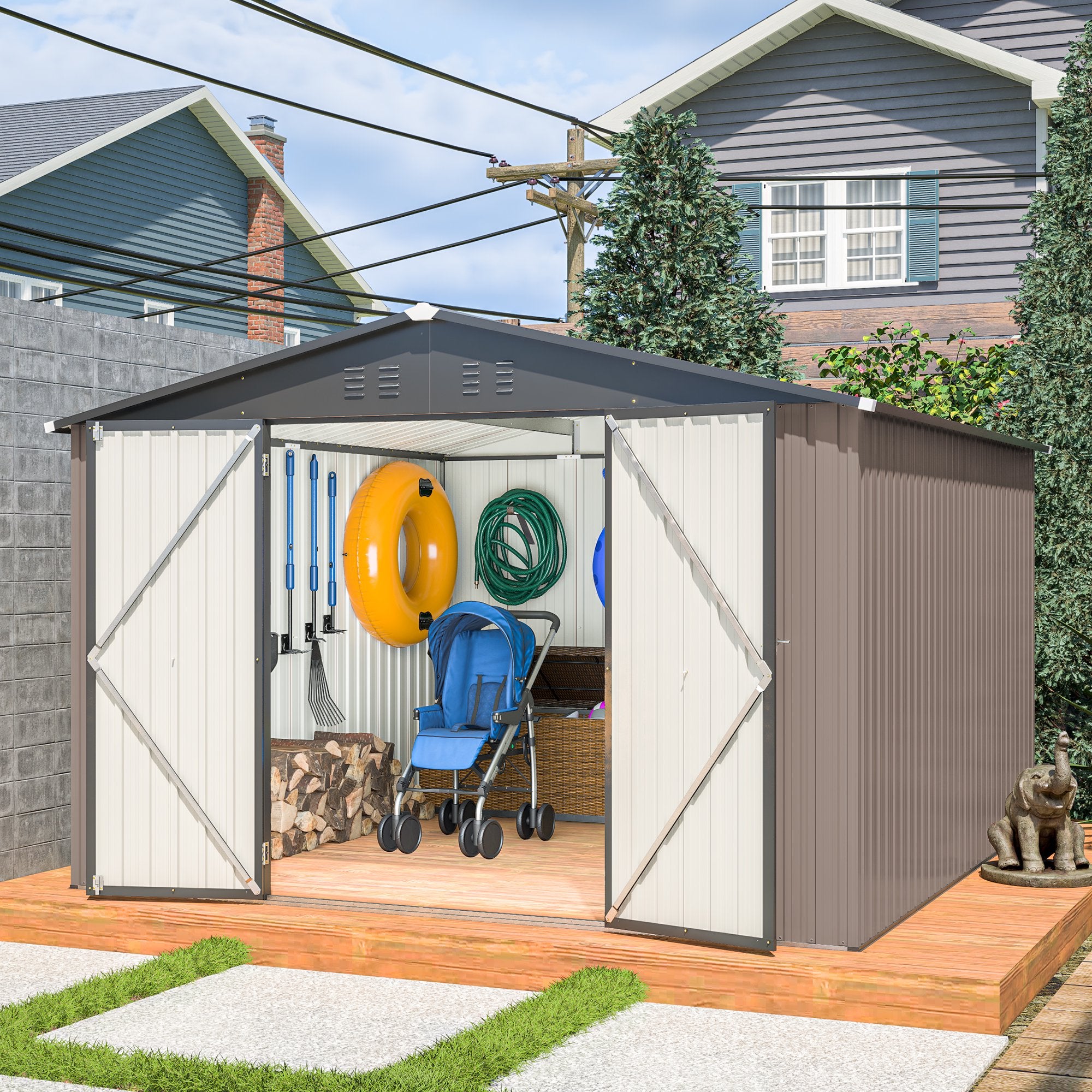 LZBEITEM 10 x 10 ft Outdoor Storage Shed, Brown