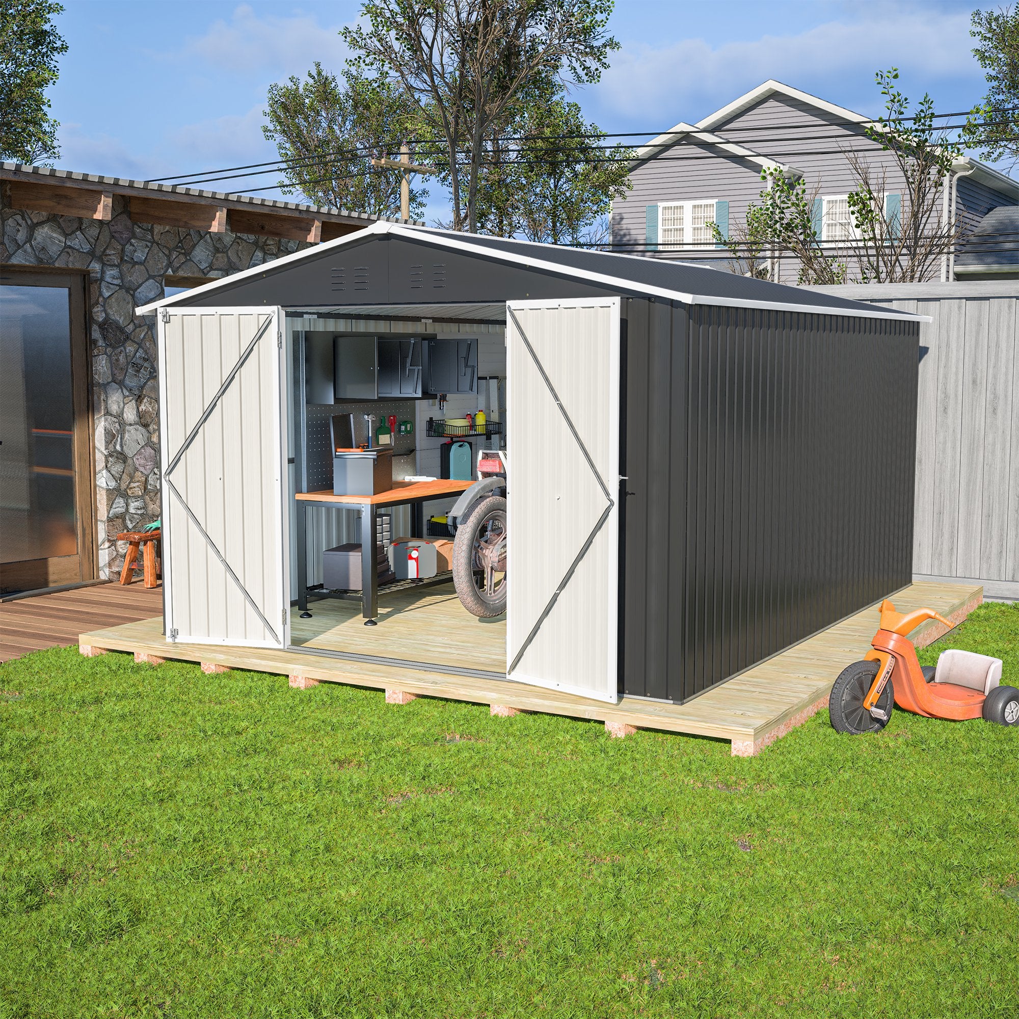 LZBEITEM 10 x 12 ft. Outdoor Storage Shed, Black