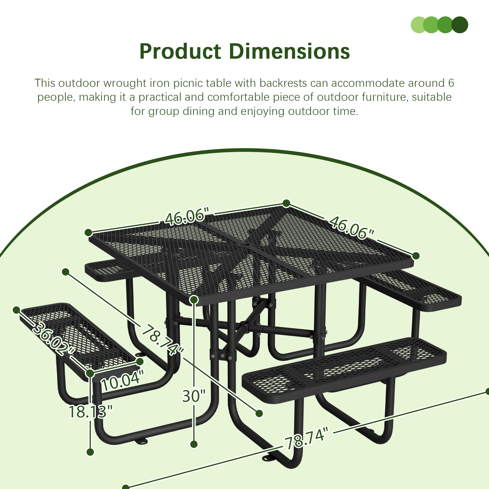 LZBEITEM 46'' Square Outdoor Commercial Steel Metal Picnic Table Set, Black