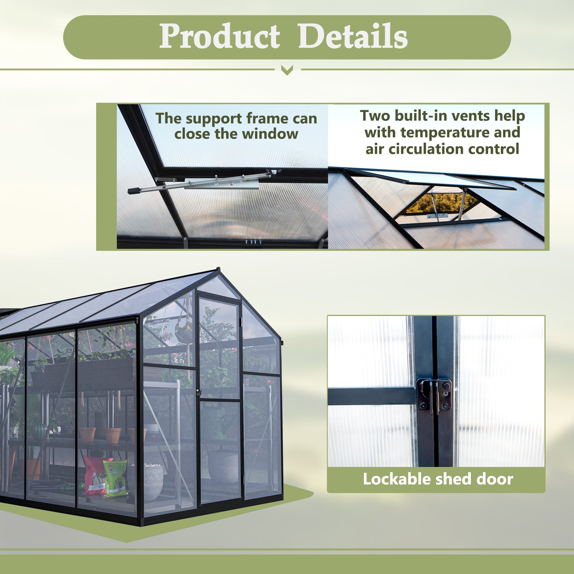 LZBEITEM 6x12 FT Greenhouse for Outdoors, Polycarbonate Greenhouse with Quick Assembly Structure and Roof Vent, Large Aluminum Walk-in Greenhouse for Outside Garden Backyard